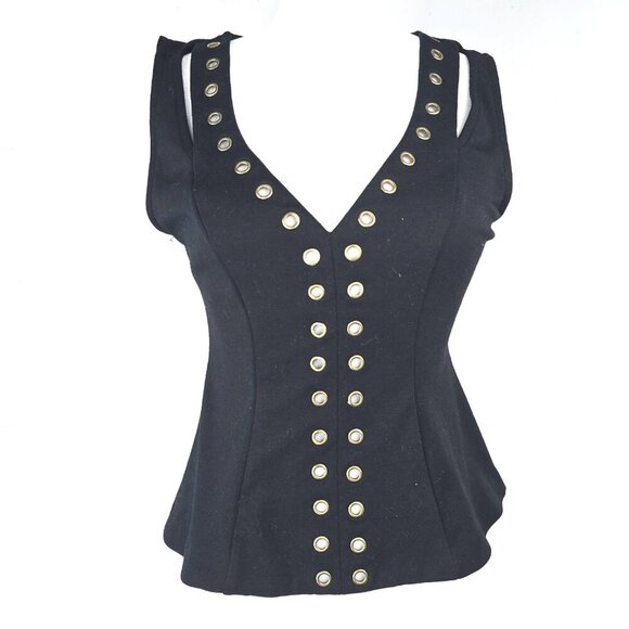 Guess Black Gold Rivet Studded V Neck Sleeveless Peplum Top ModWife Whimsigoth - Picture 5 of 8
